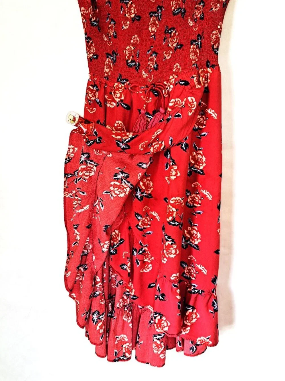 Justice Girls size 20 Red Shirred Bodice Floral Print Dress with Tasseled Bow